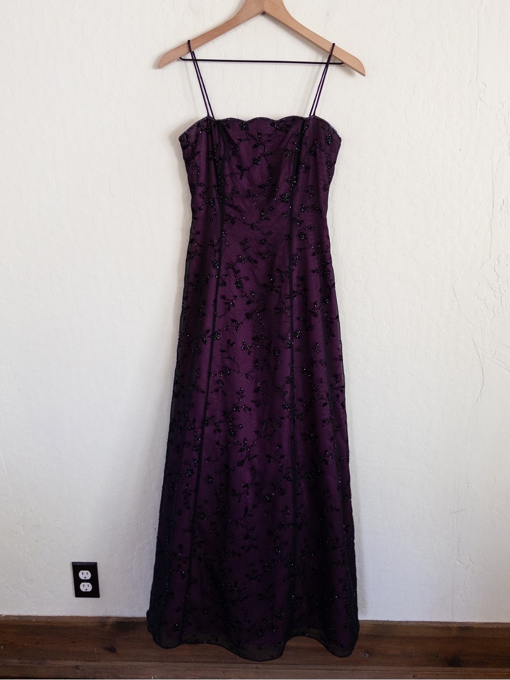 Vintage Y2K Cache Sheer Mesh Beaded Maxi Dress Gown 4 Black Purple Whimsigoth